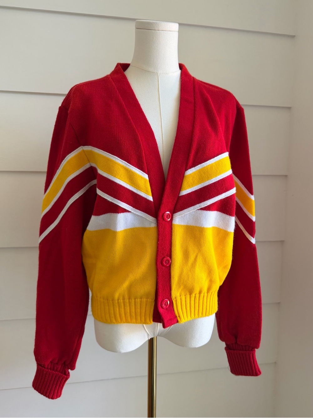 Dehen Varsity Sweater Cardigan size M Red Yellow Gold Preppy Sporty
